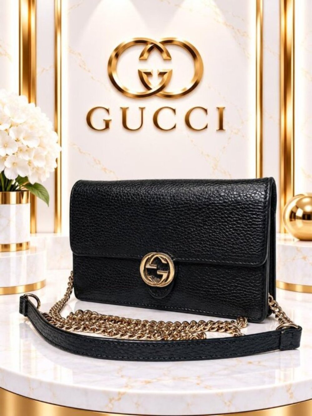 Authentic Gucci Interlocking G Black Leather Wallet on Chain WOC Crossbody Bag